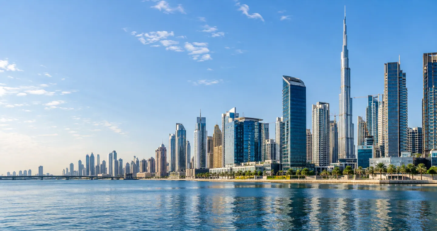 Illustration of the Dubai business skyline beside the waterfront